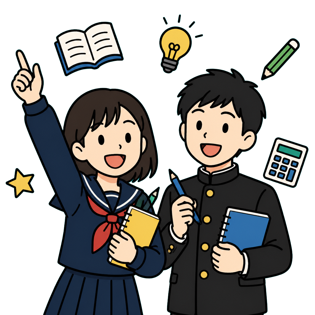 笑顔で学ぶ小学生と中学生のイラスト